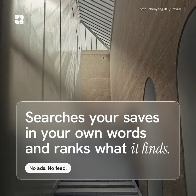 Instagram post for Curatively: "Searches your saves in your own words and ranks what it finds." Glass style, technique:pexels ingredient layout, light palette in grey, black.