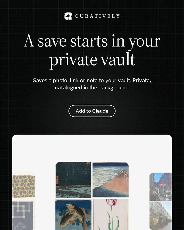 Instagram portrait post for Curatively: "A save starts in your private vault". Phosphor atlas style, centred layout, dark palette in white, black, grey.