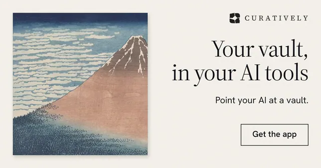 Social ad for Curatively: "Your vault, in your AI tools". Editorial style, right layout, light palette in grey, white.