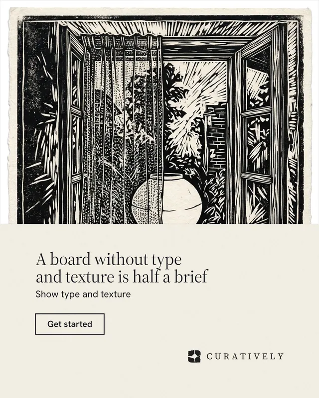 Instagram portrait post for Curatively: "A board without type and texture is half a brief". Editorial style, bottom layout, light palette in yellow, black, grey.