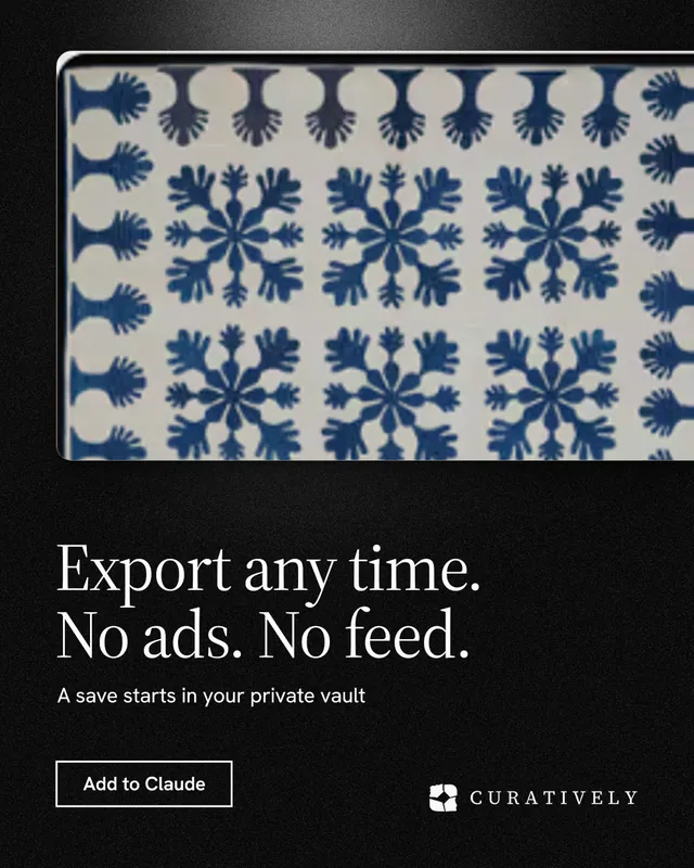 Instagram portrait post for Curatively: "Export any time. No ads. No feed." Dark deco style, bottom layout, dark palette in black, grey.