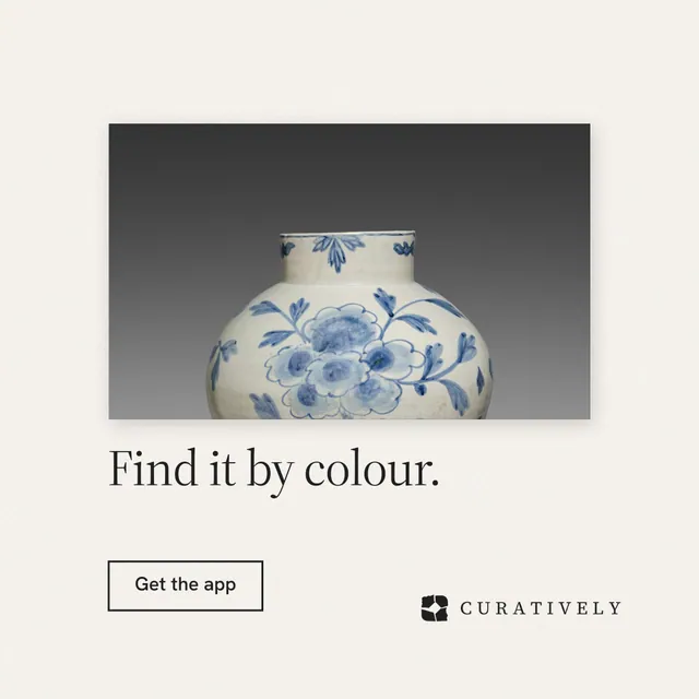 Instagram post for Curatively: "Find it by colour." Editorial style, bottom layout, light palette in white, grey.