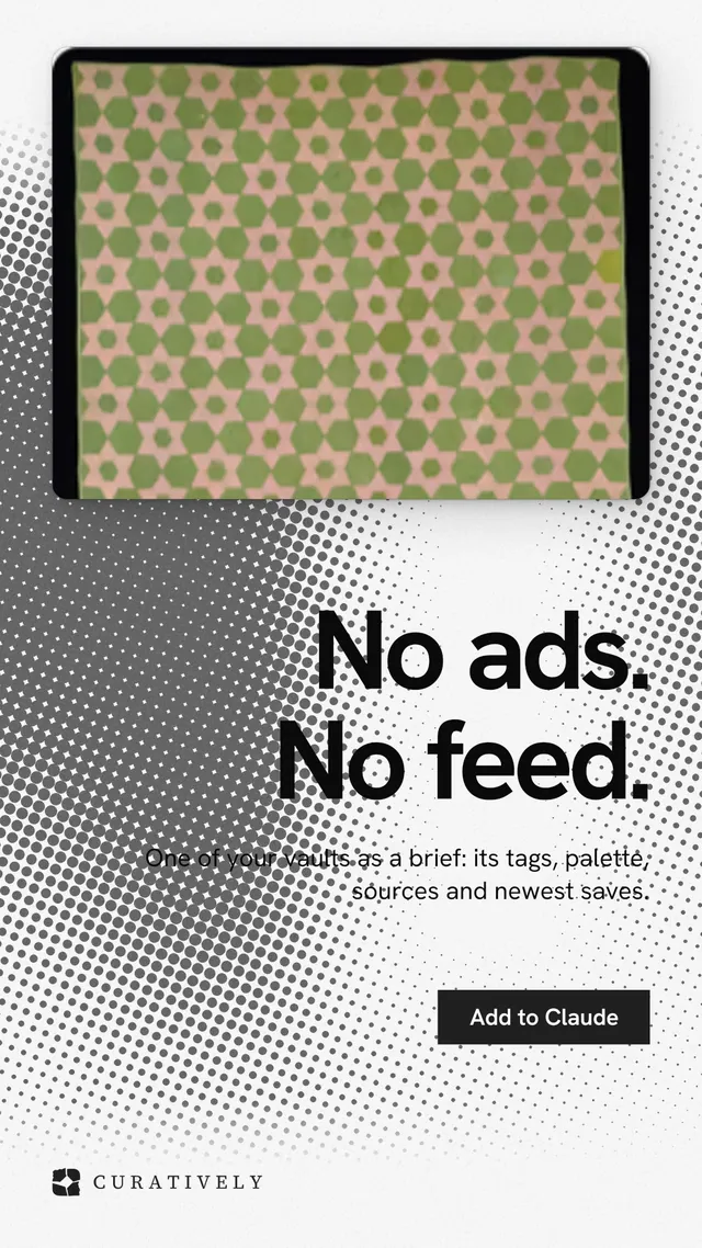 Instagram story for Curatively: "No ads. No feed." Swiss style, right layout, light palette in grey, white.