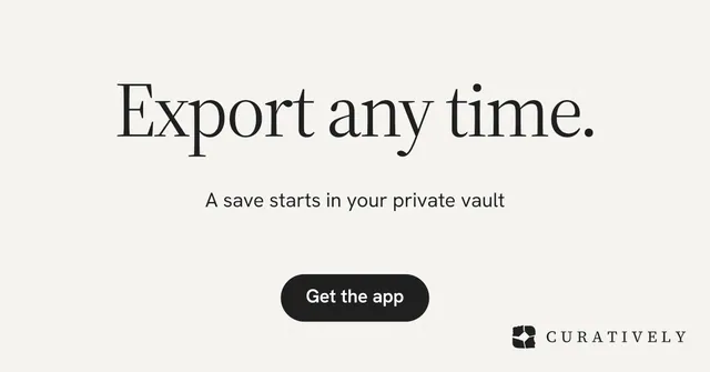 Social ad for Curatively: "Export any time." Data card style, centred layout, light palette in white.