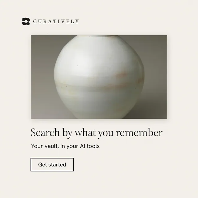 Instagram post for Curatively: "Search by what you remember". Editorial style, bottom layout, light palette in white, grey.