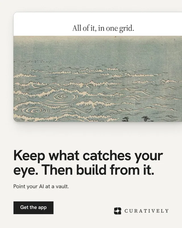 Instagram portrait post for Curatively: "Keep what catches your eye. Then build from it." Swiss style, bottom layout, light palette in grey, white.