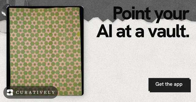 Social ad for Curatively: "Point your AI at a vault." Paper trio style, right layout, light palette in grey, white.