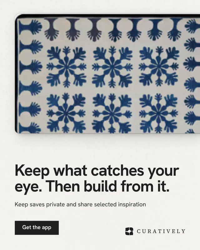 Instagram portrait post for Curatively: "Keep what catches your eye. Then build from it." Swiss style, bottom layout, light palette in grey, white.