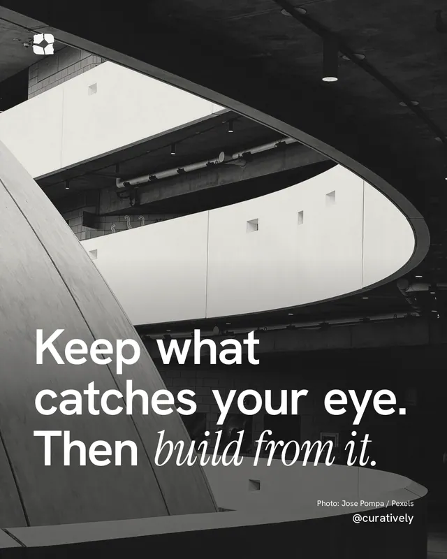Instagram portrait post for Curatively: "Keep what catches your eye. Then build from it." Duotone style, technique:pexels ingredient layout, dark palette in black, grey, white.