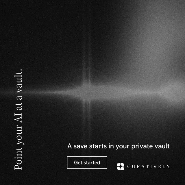 Instagram post for Curatively: "Point your AI at a vault." Dark deco style, vertical layout, dark palette in grey, black.