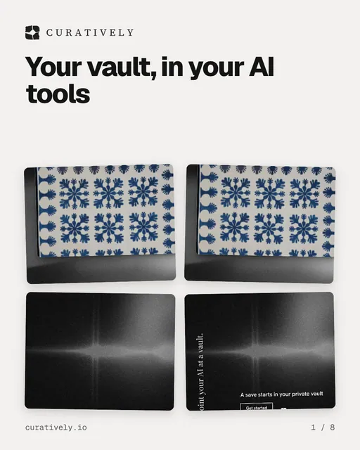 Carousel for Curatively: "Your vault, in your AI tools". Collection carousel, 8 slides, light palette.