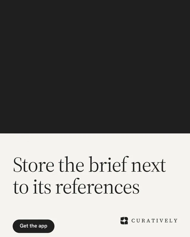 Instagram portrait post for Curatively: "Store the brief next to its references". Data card style, bottom layout, light palette in black, white.