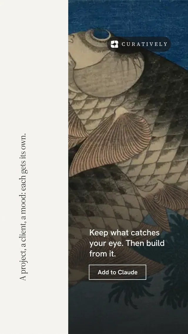 Instagram story for Curatively: "A project, a client, a mood: each gets its own." Editorial style, vertical layout, light palette in white, black, grey.