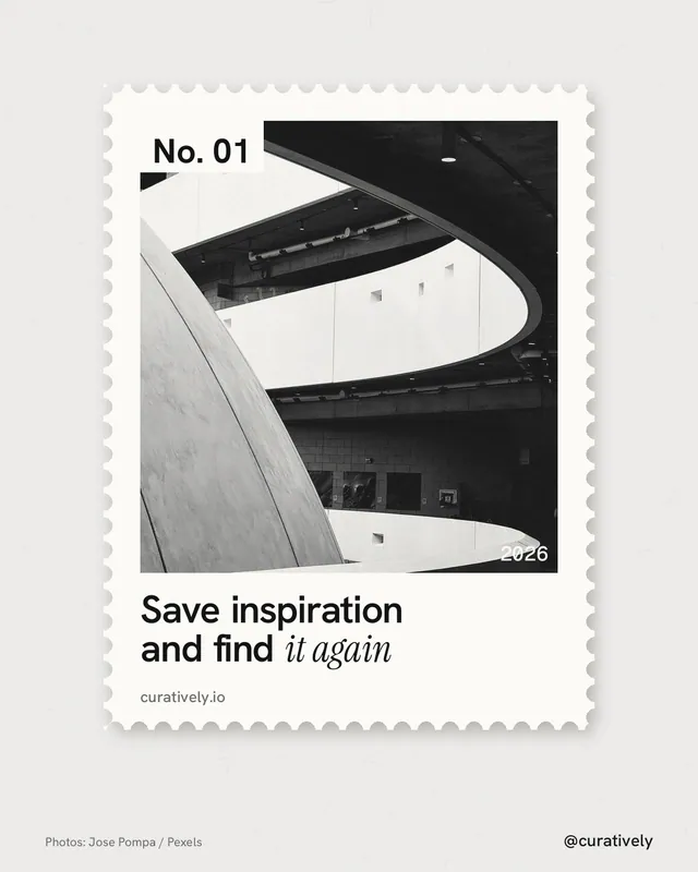 Instagram portrait post for Curatively: "Save inspiration and find it again". Single style, technique:stamp series layout, light palette in white, grey.