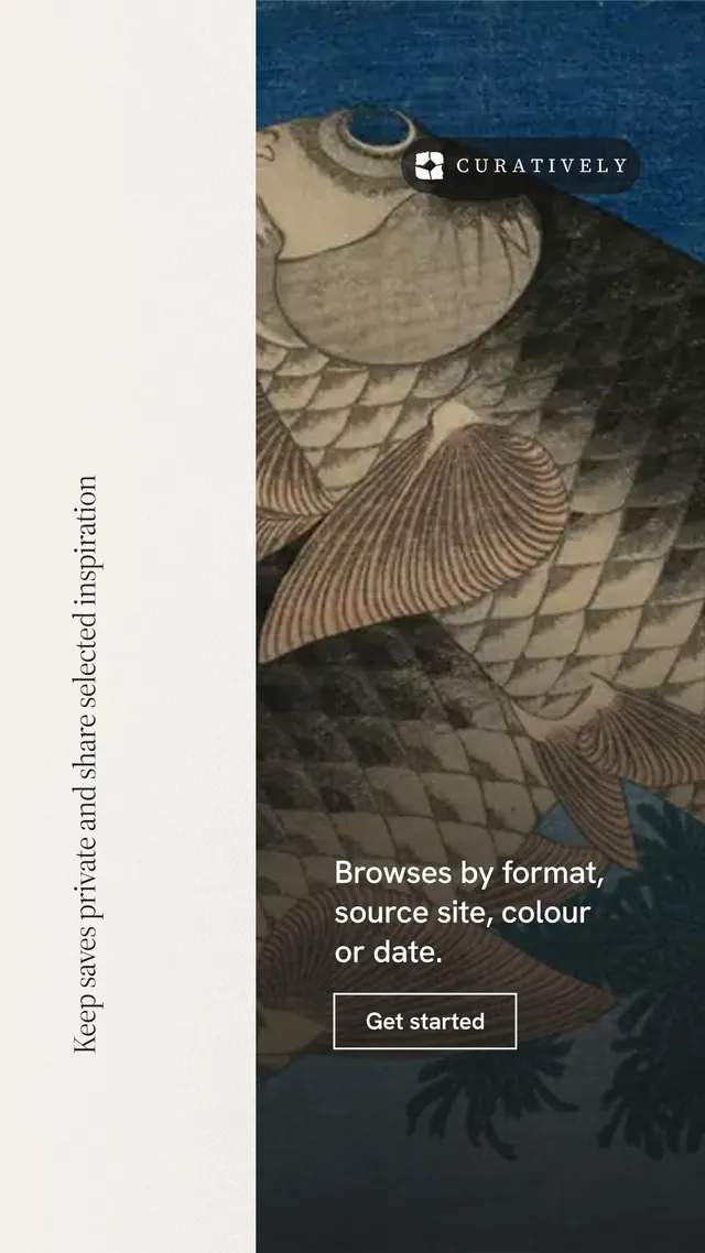 Instagram story for Curatively: "Keep saves private and share selected inspiration". Editorial style, vertical layout, light palette in black, grey, white.