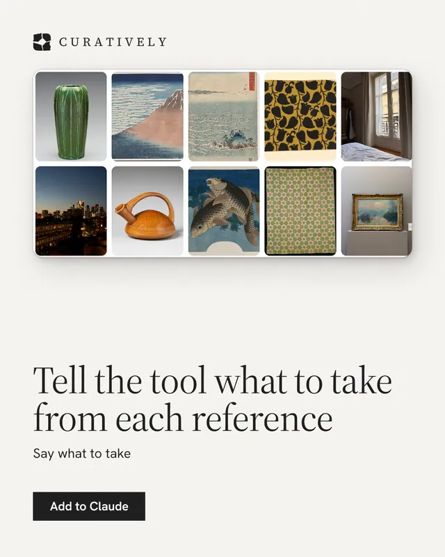 Instagram portrait post for Curatively: "Tell the tool what to take from each reference". Swiss style, bottom layout, light palette in white, grey.