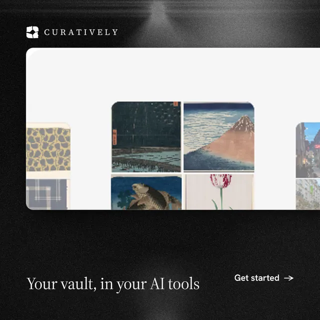 Instagram post for Curatively: "Your vault, in your AI tools". Dark deco style, image led layout, dark palette in white, black, grey.