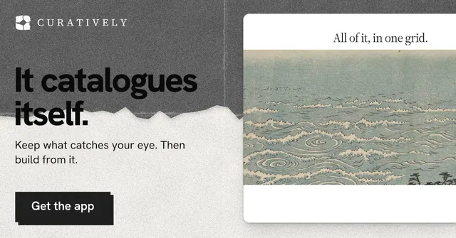 Social ad for Curatively: "It catalogues itself." Paper trio style, bottom layout, light palette in grey, white.