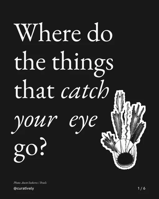 Carousel for Curatively: "Where do the things that catch your eye go?". Cutout essay, 6 slides, dark palette.
