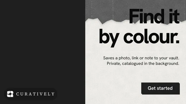 Landscape graphic for Curatively: "Find it by colour." Paper trio style, right layout, light palette in black, white, grey.