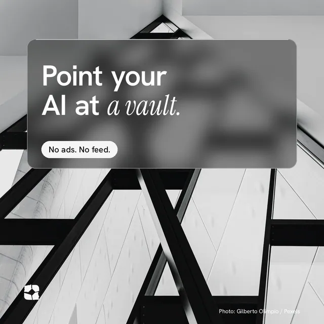 Instagram post for Curatively: "Point your AI at a vault." Glass style, technique:pexels ingredient layout, light palette in grey, black, white.
