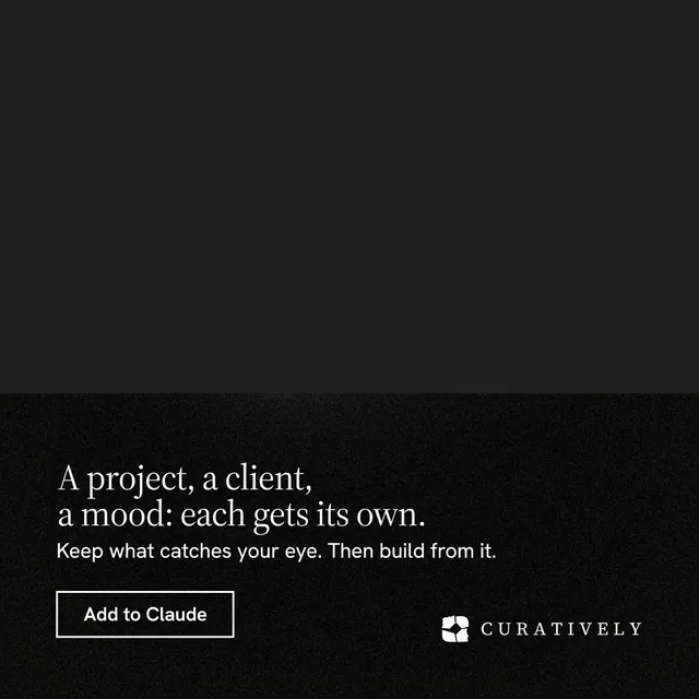 Instagram post for Curatively: "A project, a client, a mood: each gets its own." Dark deco style, bottom layout, dark palette in black.