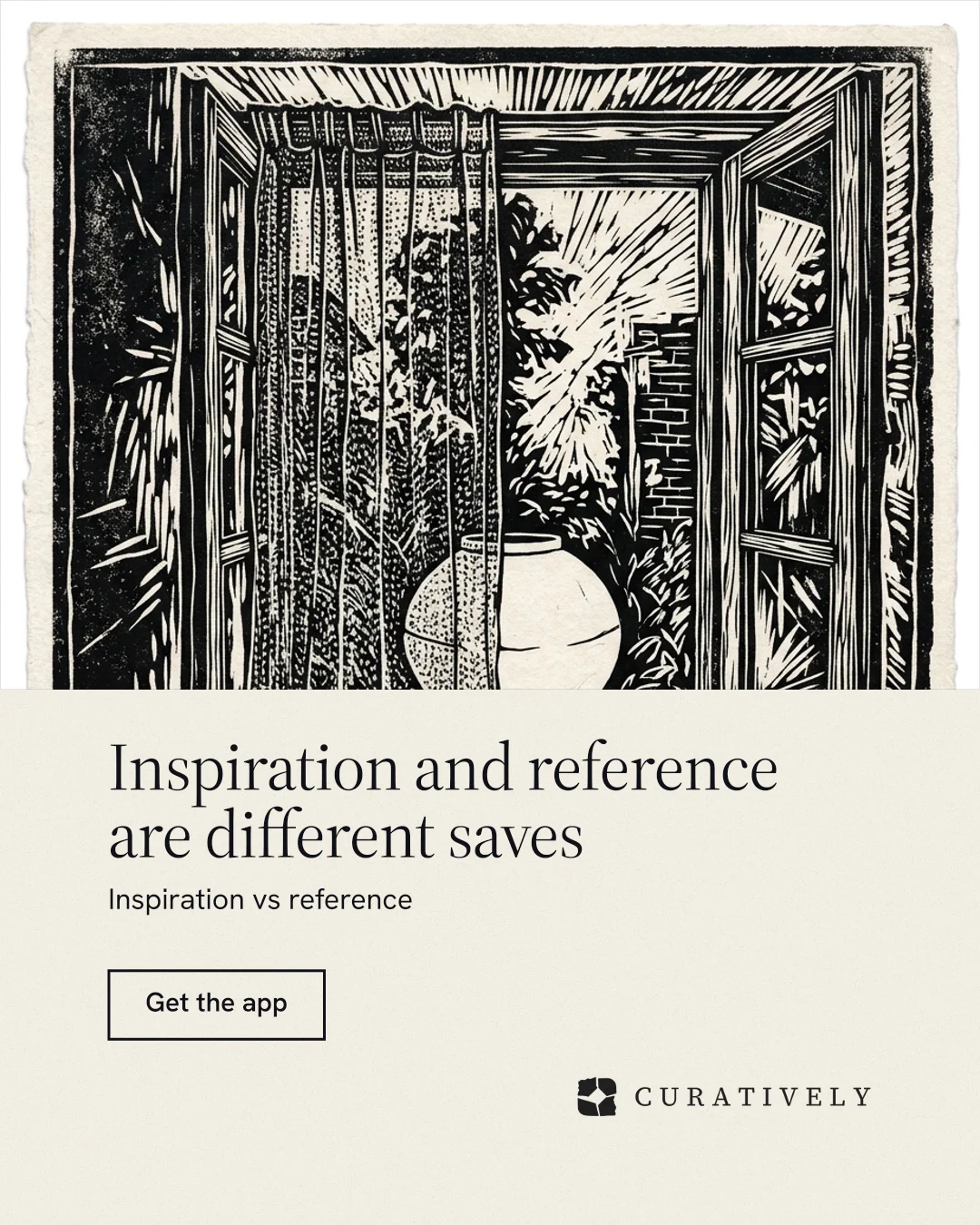 Instagram portrait post for Curatively: "Inspiration and reference are different saves". Editorial style, bottom layout, light palette in yellow, black, grey.