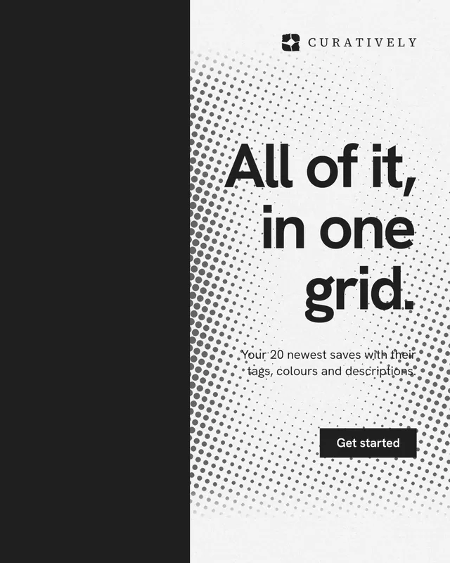 Instagram portrait post for Curatively: "All of it, in one grid." Swiss style, right layout, light palette in black, white.