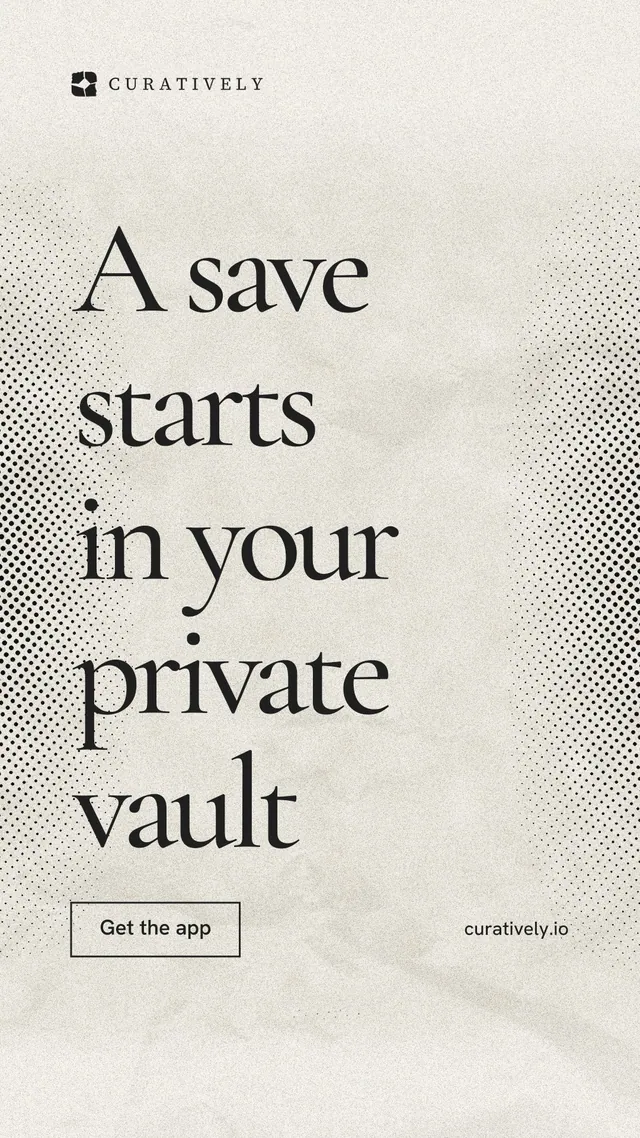 Instagram story for Curatively: "A save starts in your private vault". Editorial style, poster layout, light palette in orange, white, yellow.