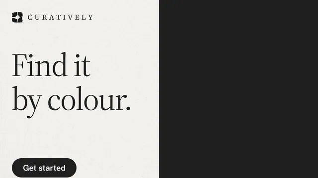 Landscape graphic for Curatively: "Find it by colour." Data card style, bottom layout, light palette in black, white, grey.