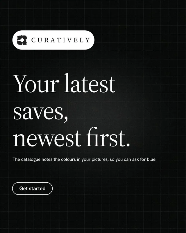 Instagram portrait post for Curatively: "Your latest saves, newest first." Phosphor atlas style, announce layout, dark palette in black, grey.