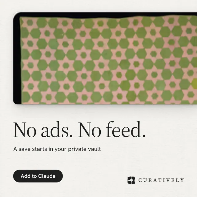 Instagram post for Curatively: "No ads. No feed." Data card style, bottom layout, light palette in white, orange, yellow.