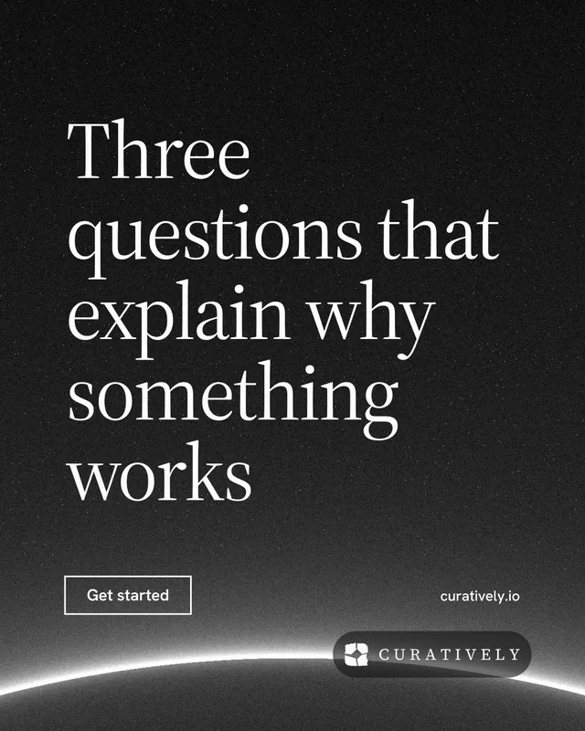 Instagram portrait post for Curatively: "Three questions that explain why something works". Editorial style, poster layout, dark palette in black, grey.
