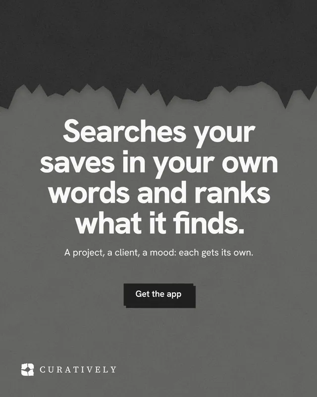 Instagram portrait post for Curatively: "Searches your saves in your own words and ranks what it finds." Paper trio style, centred layout, dark palette in grey, black.
