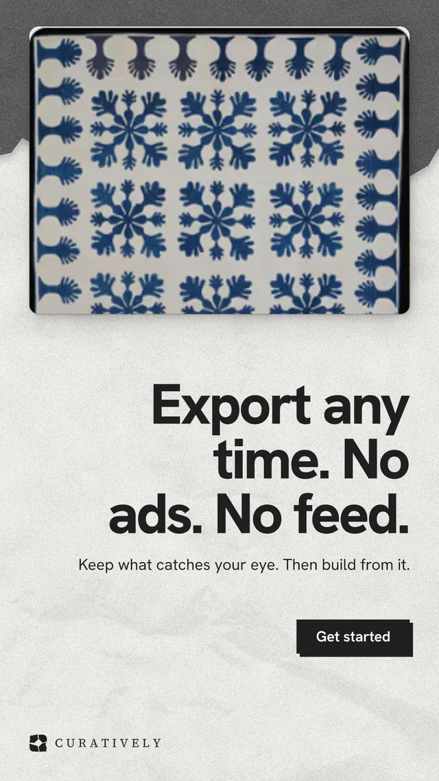 Instagram story for Curatively: "Export any time. No ads. No feed." Paper trio style, right layout, light palette in white, grey.