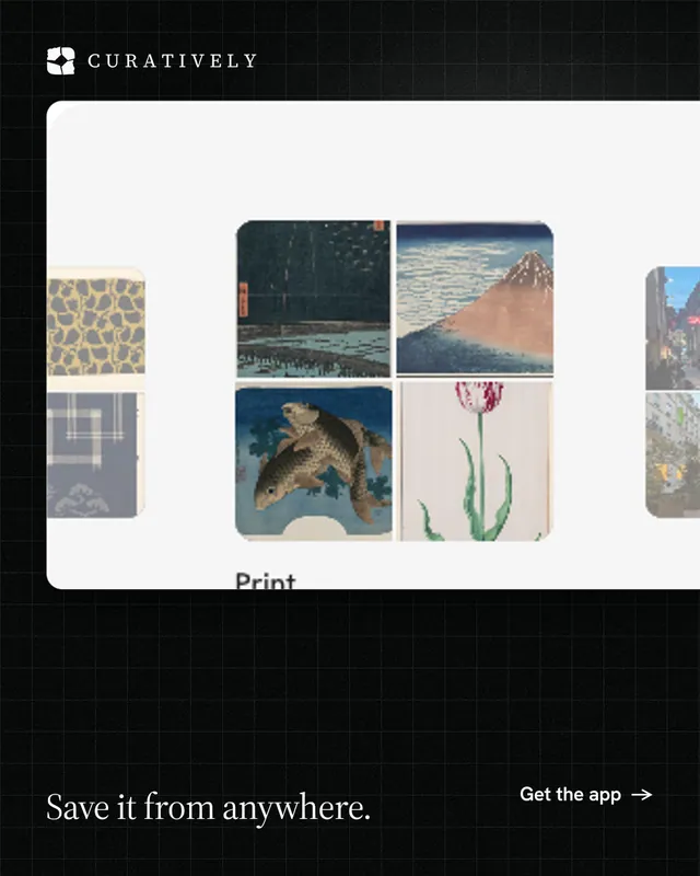 Instagram portrait post for Curatively: "Save it from anywhere." Phosphor atlas style, image led layout, light palette in white, black, grey.