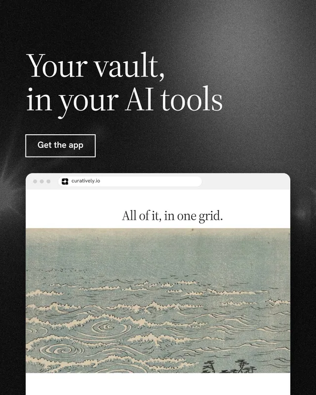 Instagram portrait post for Curatively: "Your vault, in your AI tools". Dark deco style, browser layout, light palette in grey, black, white.