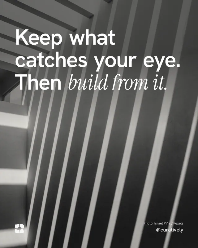 Instagram portrait post for Curatively: "Keep what catches your eye. Then build from it." Duotone style, technique:pexels ingredient layout, dark palette in grey, black.