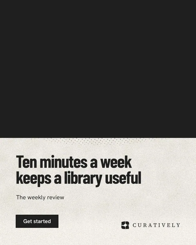 Instagram portrait post for Curatively: "Ten minutes a week keeps a library useful". Ink sticker style, bottom layout, light palette in black, yellow, white.
