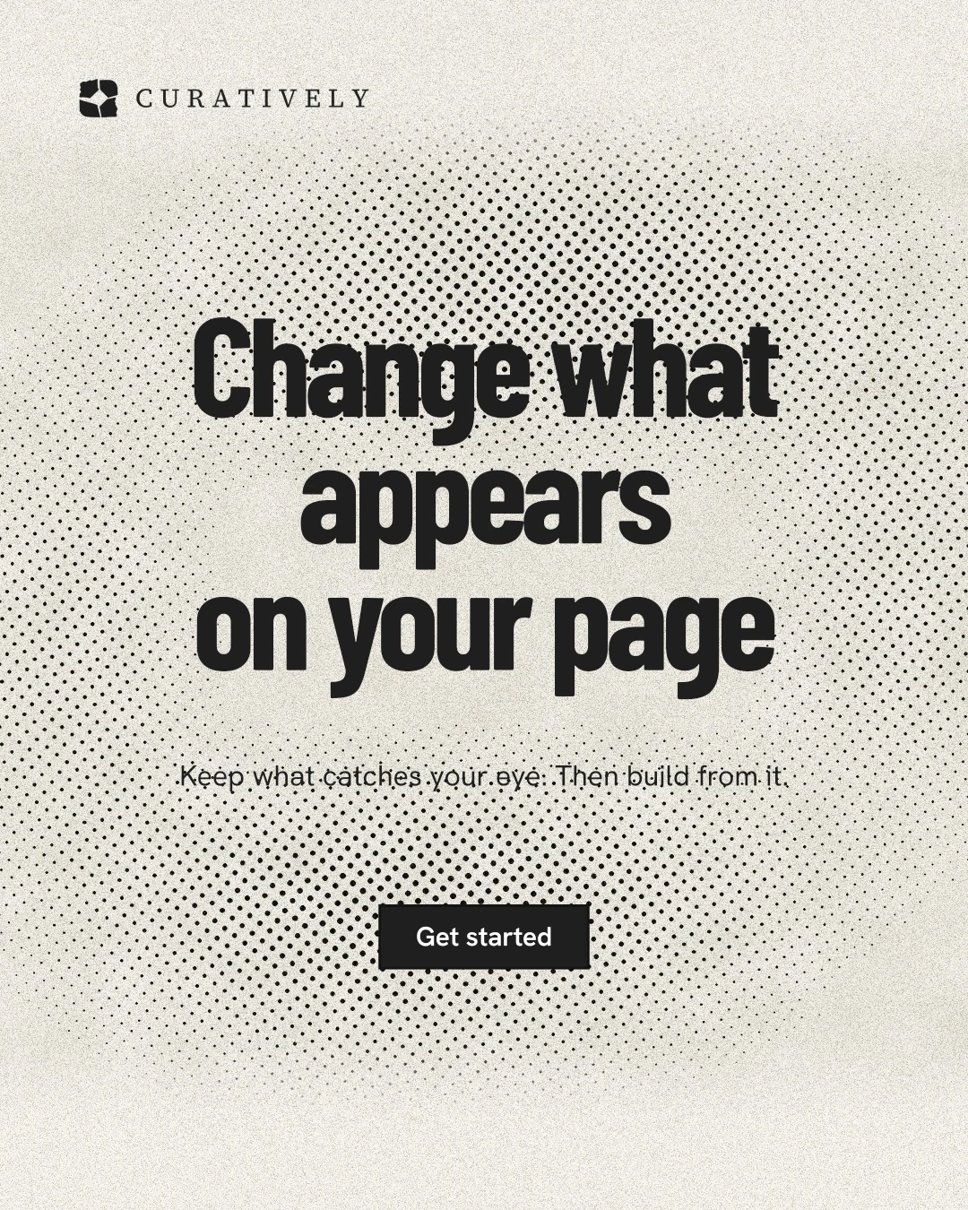 Instagram portrait post for Curatively: "Change what appears on your page". Ink sticker style, centred layout, light palette in white, yellow, grey.