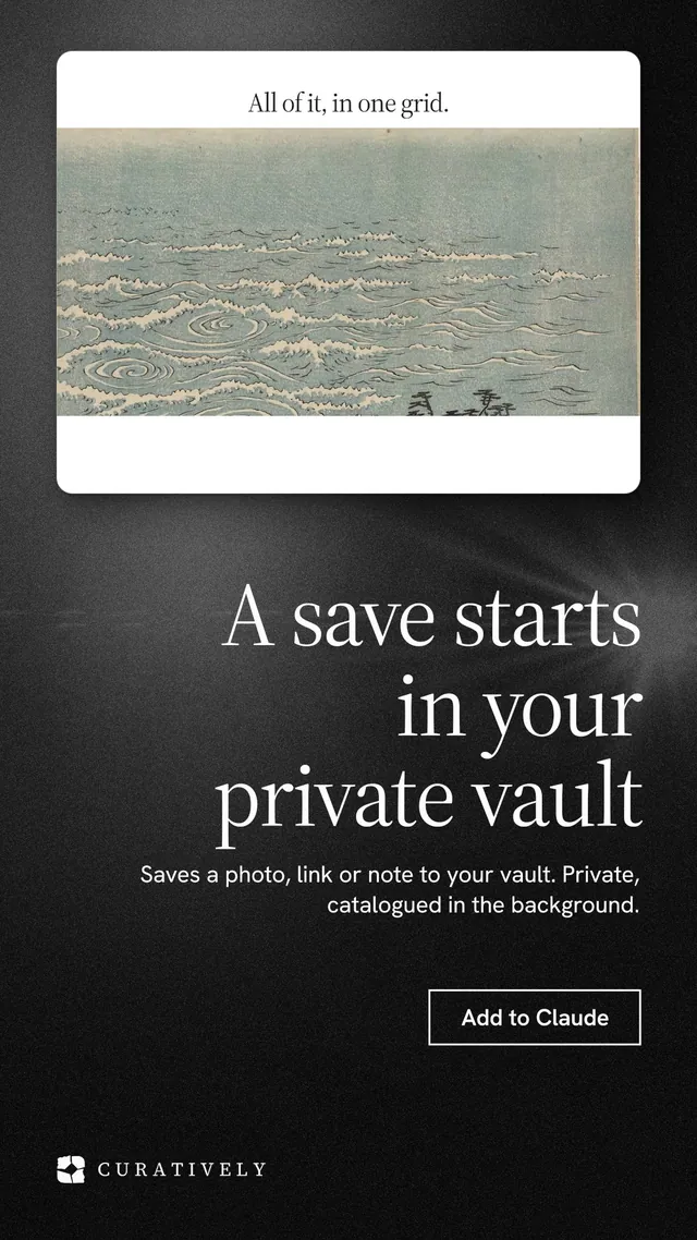 Instagram story for Curatively: "A save starts in your private vault". Dark deco style, right layout, dark palette in black, grey, white.