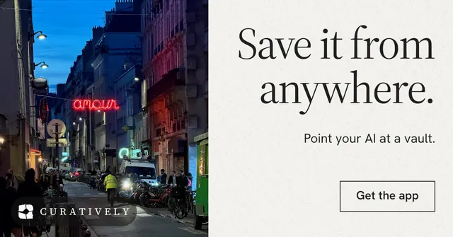 Social ad for Curatively: "Save it from anywhere." Editorial style, right layout, light palette in white, purple, blue.