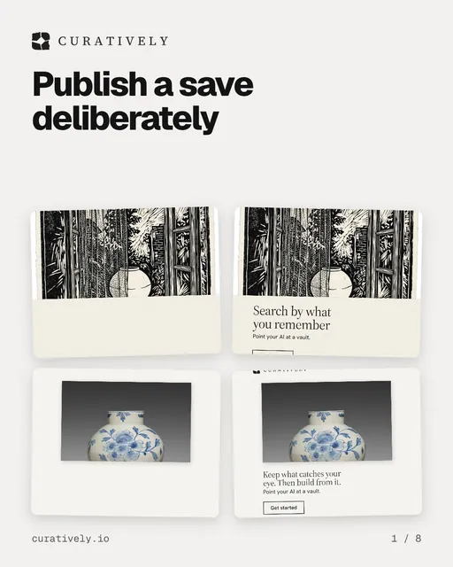 Carousel for Curatively: "Publish a save deliberately". Collection carousel, 8 slides, light palette.
