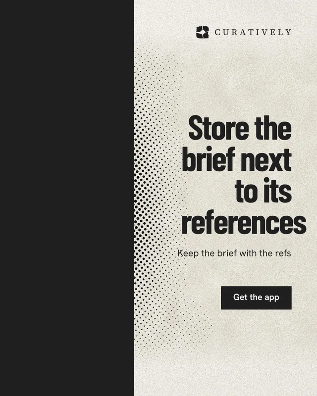 Instagram portrait post for Curatively: "Store the brief next to its references". Ink sticker style, right layout, light palette in black, yellow, grey.