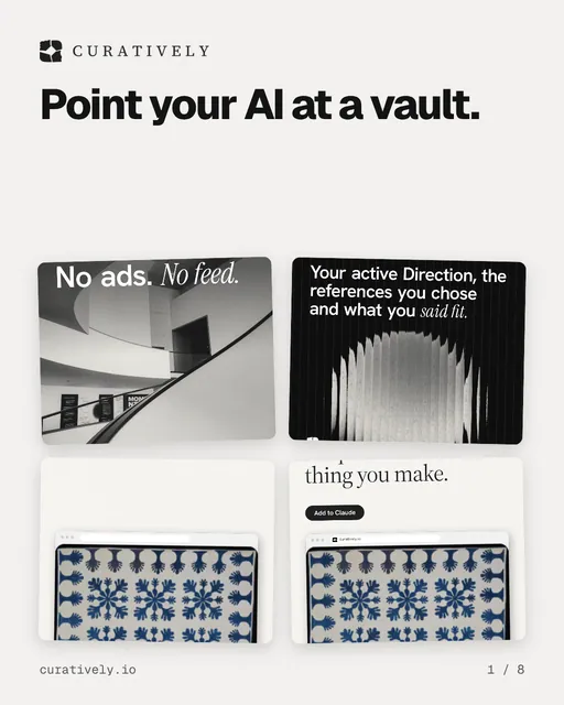 Carousel for Curatively: "Point your AI at a vault.". Collection carousel, 8 slides, light palette.