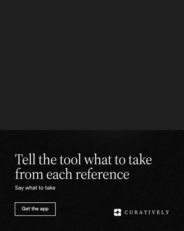 Instagram portrait post for Curatively: "Tell the tool what to take from each reference". Dark deco style, bottom layout, dark palette in black.