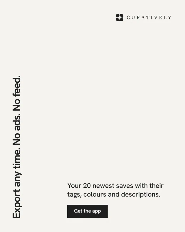 Instagram portrait post for Curatively: "Export any time. No ads. No feed." Swiss style, vertical layout, light palette in white.