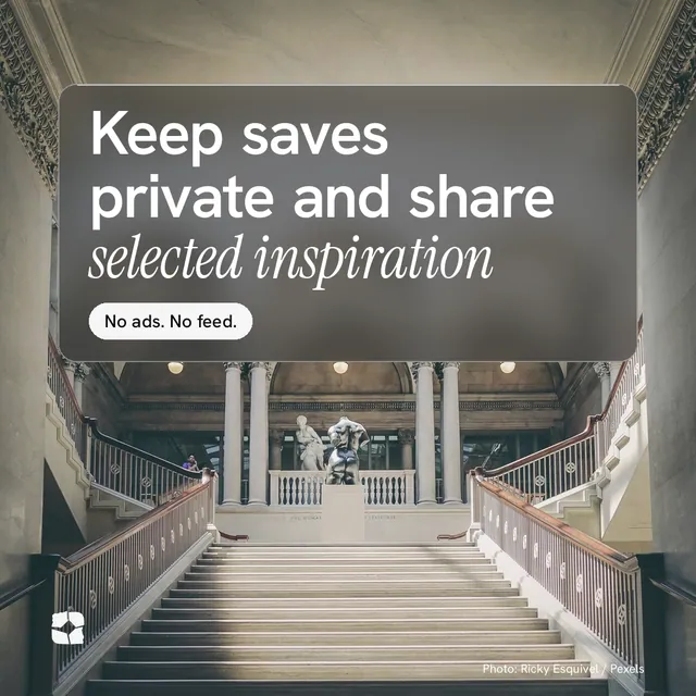 Instagram post for Curatively: "Keep saves private and share selected inspiration". Glass style, technique:pexels ingredient layout, light palette in grey.