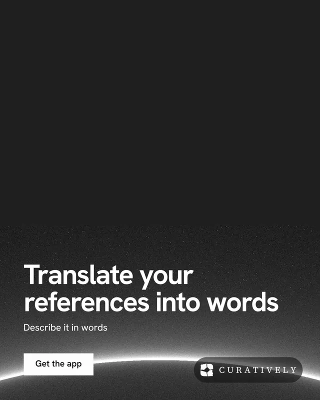 Instagram portrait post for Curatively: "Translate your references into words". Swiss style, bottom layout, dark palette in black, grey.