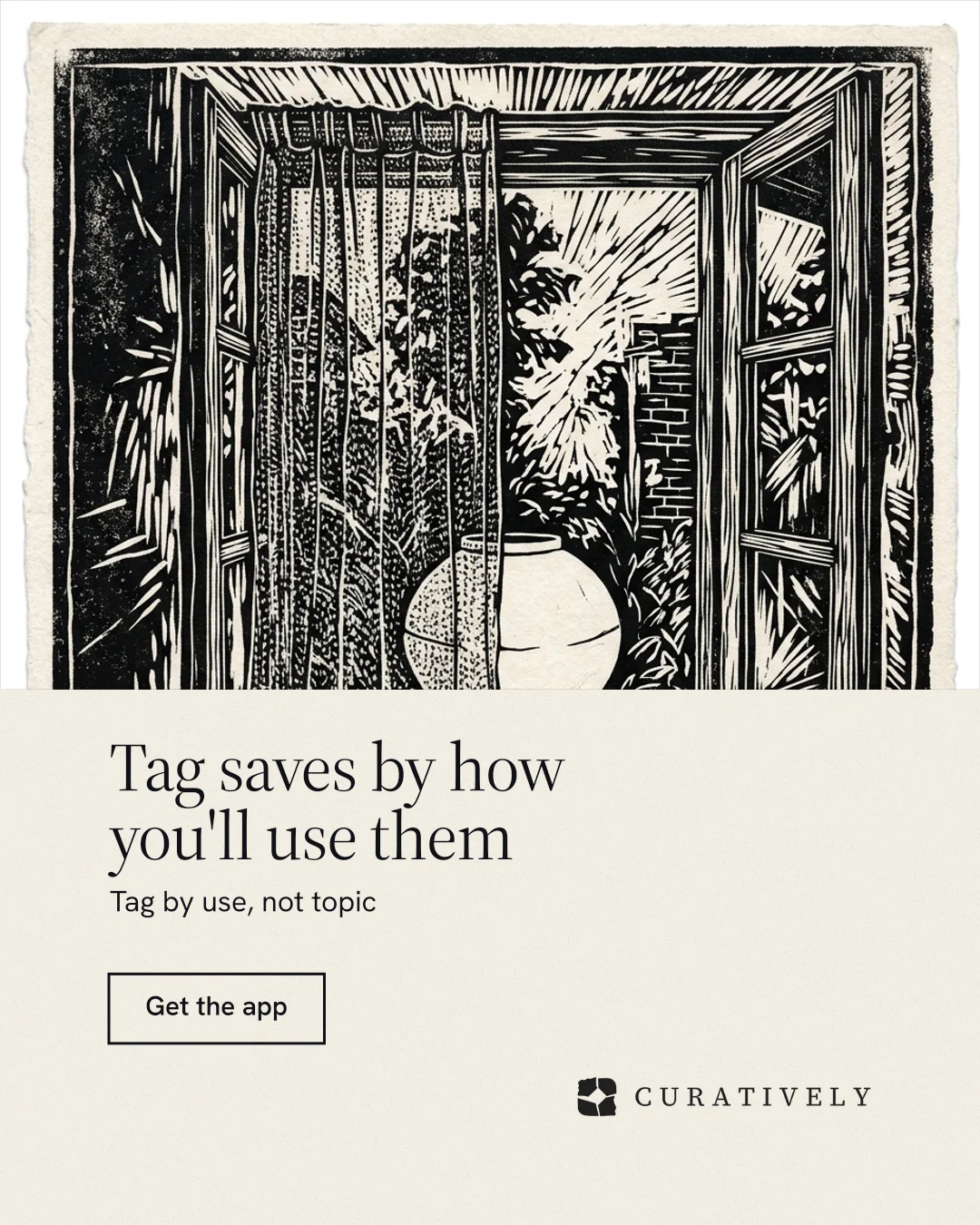 Instagram portrait post for Curatively: "Tag saves by how you'll use them". Editorial style, bottom layout, light palette in yellow, black, grey.